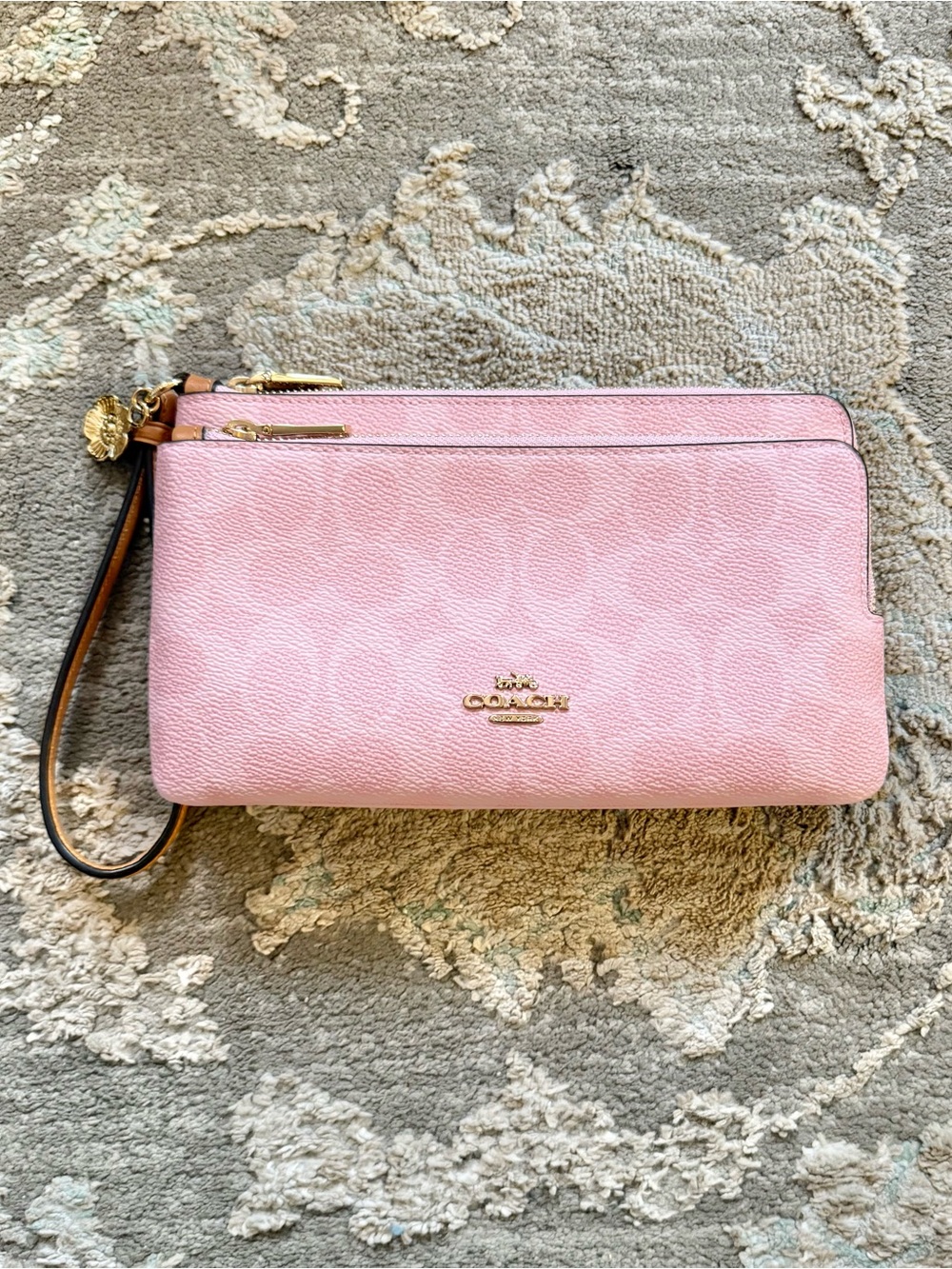 COACH Double Zip Wristlet in Powder Pink with Tea Rose Charm